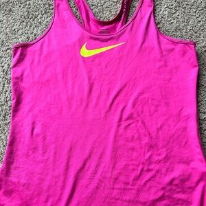 Nike Women's Bright Pink Tank Top with Yellow Swoosh